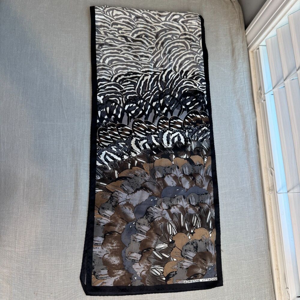 Adrienne Vittadini Silk Brown Patterned Scarf 11x52 Fall Professional